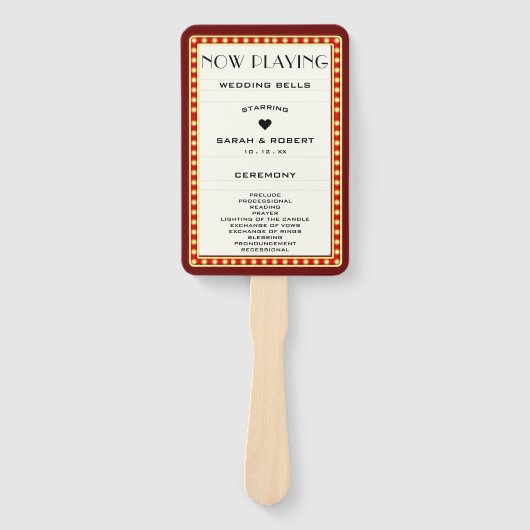Retro Theater Marquee Teken Rood Huwelijksprogramm Handwaaier (Voorkant)