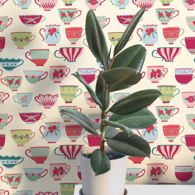 Retro Theekopjes Crème Behang (Retro teacup pattern art wallpaper)