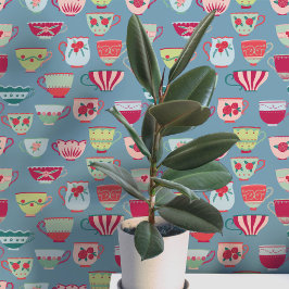 Retro theekopjes Teal Behang