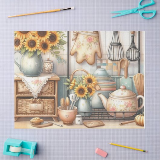 Retro theepotten en zonnebloemen Keuken Waterverf Tissuepapier (Craft)