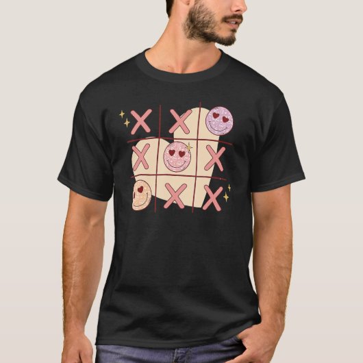Retro Tic Tac Toe Happy Face Heart Love Valentijn T-shirt (Voorkant)