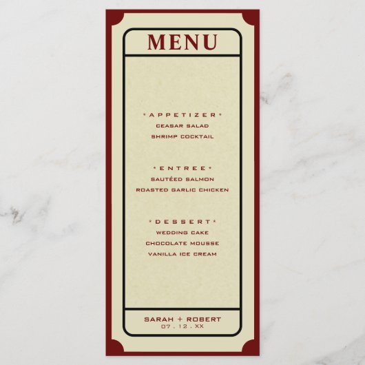 Retro Ticket Stub Bruiloft Menu (Voorkant)
