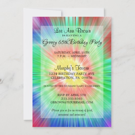 Retro Tie Dye 65th Birthday Party Invitation Kaart (Voorkant)
