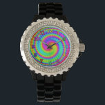 Retro Tie Dye Hippie Psychedelic 2 Horloge<br><div class="desc">Dit groovy horlogeontwerp heeft een felle, wervelende regenboog van kleuren in een stropdas geverfd patroon. Het is een leuk, retro ontwerp voor vredelievende hippies / bohemians die houden van de jaren 60, 70 en psychedelische kleur. De nummers op het horloge zijn een regenboog van kleur met een zwarte omtrek.</div>