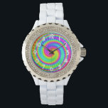 Retro Tie Dye Hippie Psychedelic Horloge<br><div class="desc">Dit groovy ontwerp heeft een felle, wervelende regenboog van kleuren in een stropdas geverfd patroon. Het is een leuk, retro ontwerp voor vredelievende hippies / bohemians die houden van de jaren 60, 70 en psychedelische kleur. De nummers op het horloge zijn wit en licht curvy in een deco lettertype.</div>