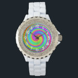 Retro Tie Dye Hippie Psychedelic Horloge<br><div class="desc">Dit groovy ontwerp heeft een felle, wervelende regenboog van kleuren in een stropdas geverfd patroon. Het is een leuk, retro ontwerp voor vredelievende hippies / bohemians die houden van de jaren 60, 70 en psychedelische kleur. De nummers op het horloge zijn wit en licht curvy in een deco lettertype.</div>