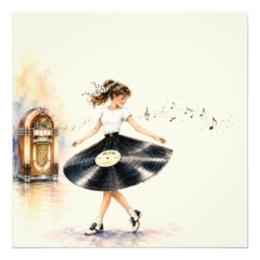 Retro tiener meisje danst op de jukebox foto afdruk (Voorkant)