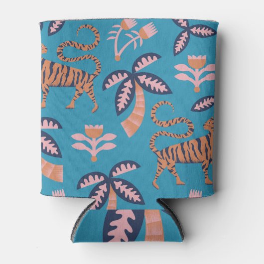Retro tijger, palmboom, bloemmotief blikjeskoeler (Voorkant)