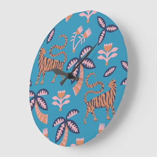 Retro tijger, palmboom, bloemmotief grote klok (Hoek)