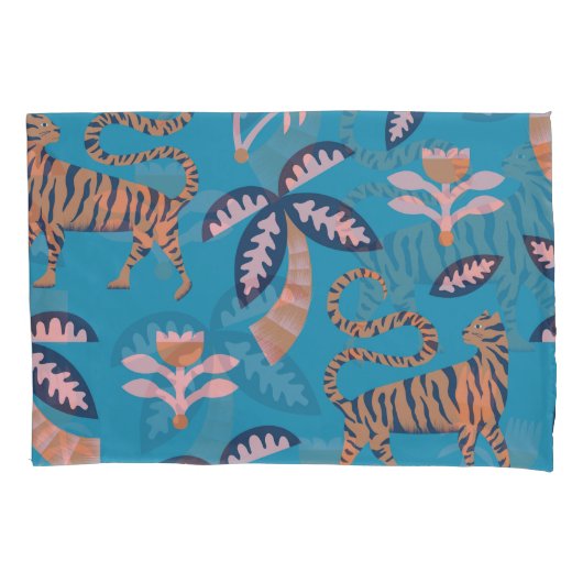 Retro tijger, palmboom, bloemmotief kussensloop (Voorkant)
