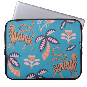 Retro tijger, palmboom, bloemmotief laptop sleeve