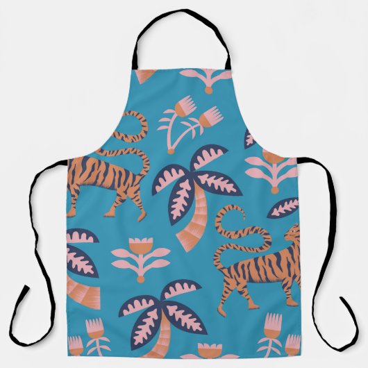Retro tijger, palmboom, bloemmotief schort (Voorkant)