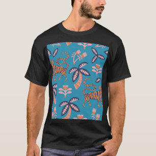 Retro tijger, palmboom, bloemmotief t-shirt
