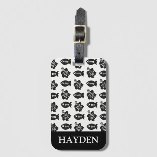 Retro Tiki Black en White Pattern Gepersonaliseerd Bagagelabel (Voorkant (verticaal))