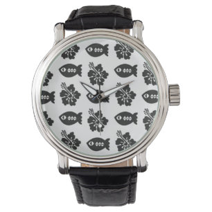 Retro Tiki Black en White Pattern Horloge
