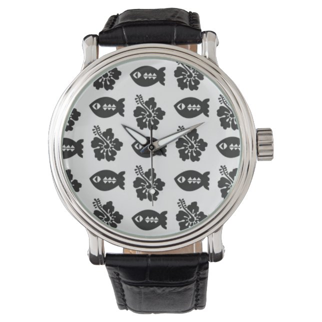 Retro Tiki Black en White Pattern Horloge (Voorkant)