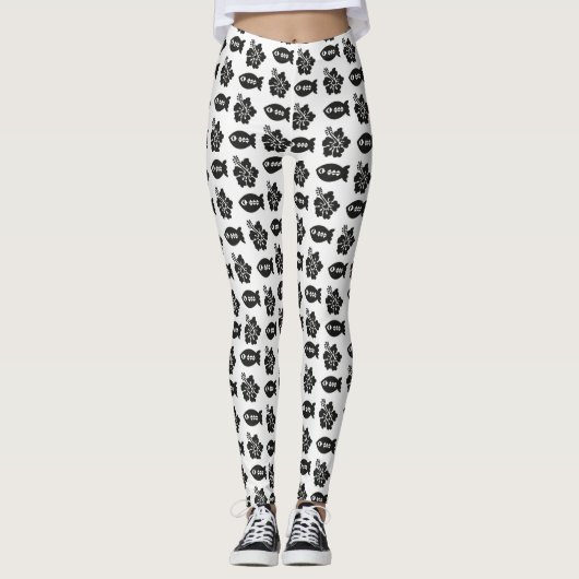 Retro Tiki Black en White Pattern Leggings (Voorkant)