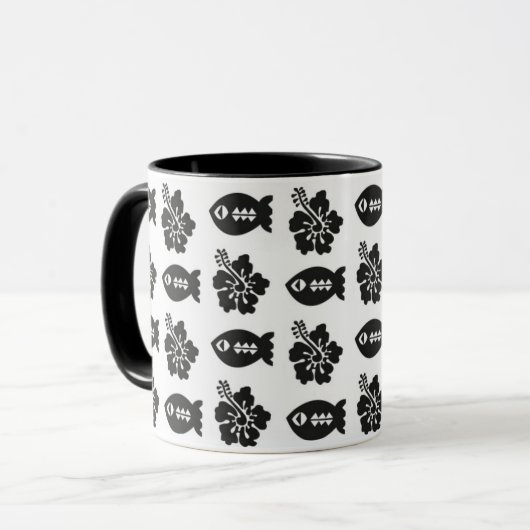 Retro Tiki Black en White Pattern Mok (Voorkant links)