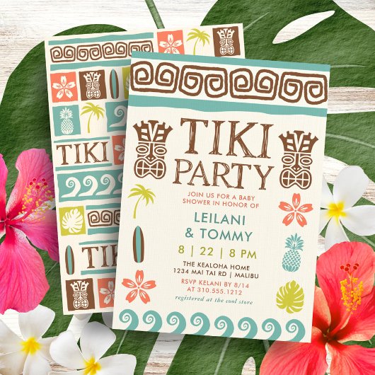 Retro Tiki Party Tropical Beach Surf Baby shower Kaart
