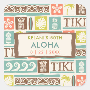 Retro Tiki Party Tropische Aloha Verjaardag Vierkante Sticker