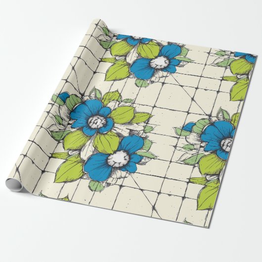 Retro Tile Bloom Floral Wrapping Paper Cadeaupapier (Uitgerold)