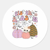 Retro Tis The Season Pumpkin Halloween Skull Spook Ronde Sticker (Voorkant)