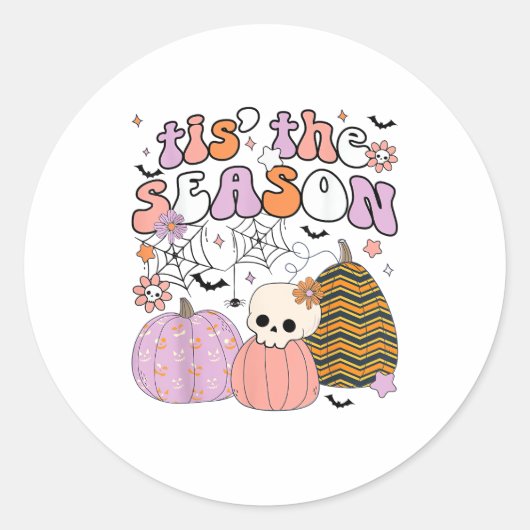 Retro Tis The Season Pumpkin Halloween Skull Spook Ronde Sticker (Voorkant)