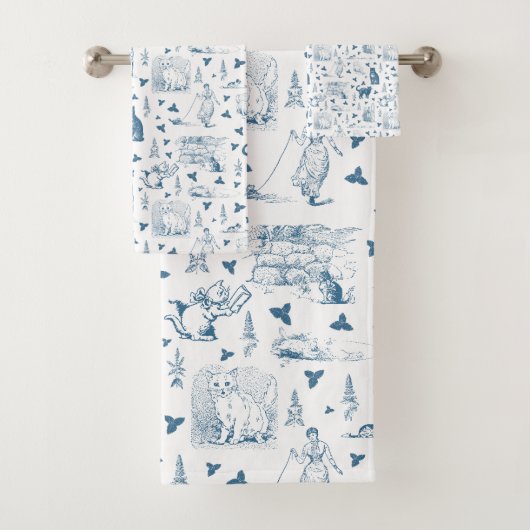  Retro Toile Patroon Cat Catnip Wit Blauw Bad Handdoek (Insitu)