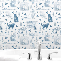 Retro Toile Patroon Cat Catnip Wit Blauw Behang