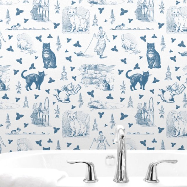  Retro Toile Patroon Cat Catnip Wit Blauw Behang (Creator heeft geüpload)