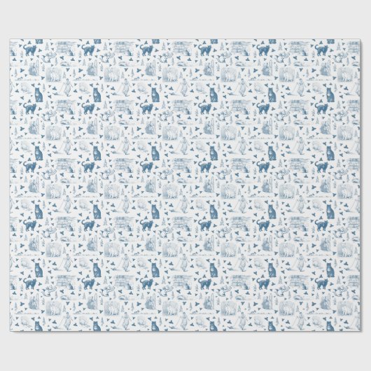 Retro Toile Patroon Cat Catnip Wit Blauw Cadeaupapier (Vlak)