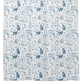 Retro Toile Patroon Cat Catnip Wit Blauw Douchegordijn (Voorkant)