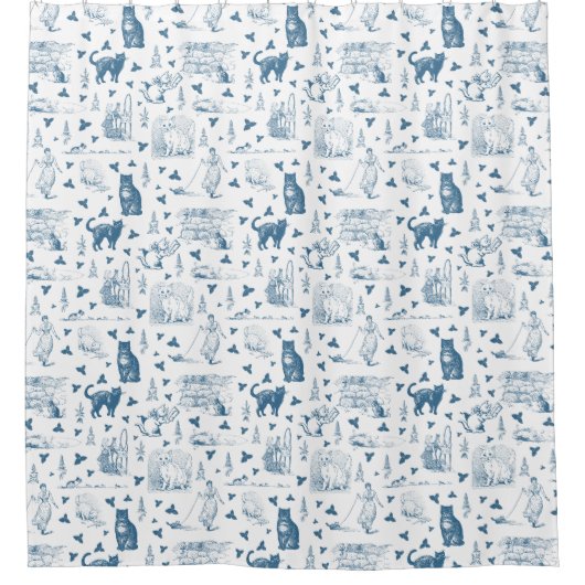 Retro Toile Patroon Cat Catnip Wit Blauw Douchegordijn (Voorkant)