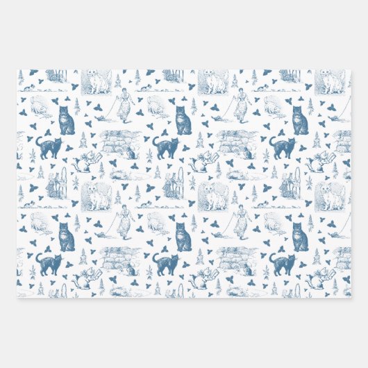 Retro Toile Patroon Cat Catnip Wit Blauw Inpakpapier Vel (Voorkant 3)