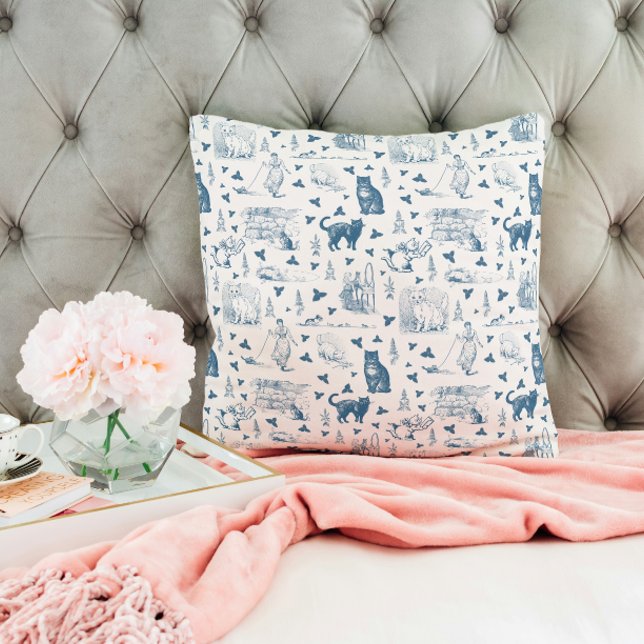  Retro Toile Patroon Cat Catnip Wit Blauw Kussen (Creator heeft geüpload)