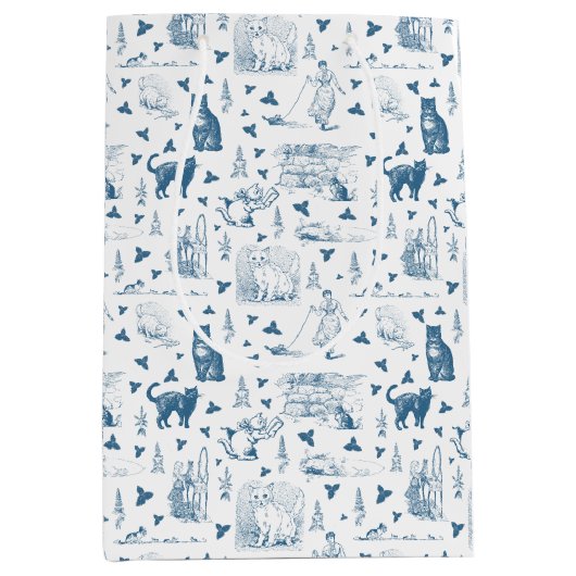  Retro Toile Patroon Cat Catnip Wit Blauw Medium Cadeauzakje (Voorkant)