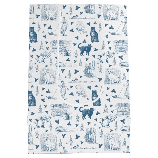  Retro Toile Patroon Cat Catnip Wit Blauw Medium Cadeauzakje (Achterkant)