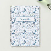  Retro Toile Patroon Cat Catnip Wit Blauw Notitieboek