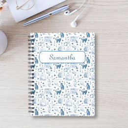 Retro Toile Patroon Cat Catnip Wit Blauw Notitieboek