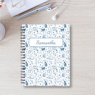  Retro Toile Patroon Cat Catnip Wit Blauw Notitieboek