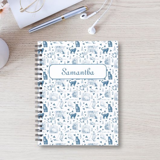  Retro Toile Patroon Cat Catnip Wit Blauw Notitieboek