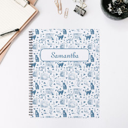 Retro Toile Patroon Cat Catnip Wit Blauw Planner