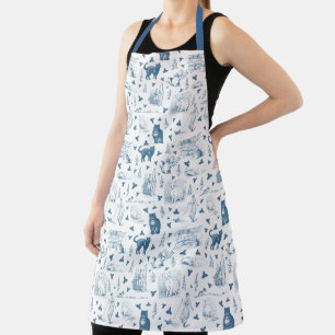 Retro Toile Patroon Cat Catnip Wit Blauw Schort