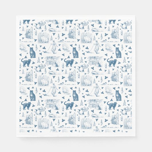 Retro Toile Patroon Cat Catnip Wit Blauw Servet (Voorkant)