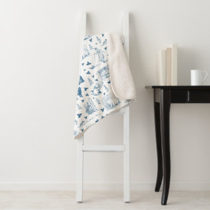 Retro Toile Patroon Cat Catnip Wit Blauw Sherpa Deken