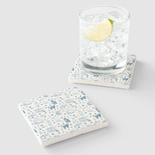  Retro Toile Patroon Cat Catnip Wit Blauw Stenen Onderzetter