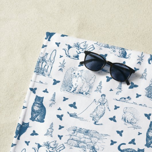  Retro Toile Patroon Cat Catnip Wit Blauw Strandlaken (In situ)