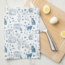 Retro Toile Patroon Cat Catnip Wit Blauw
