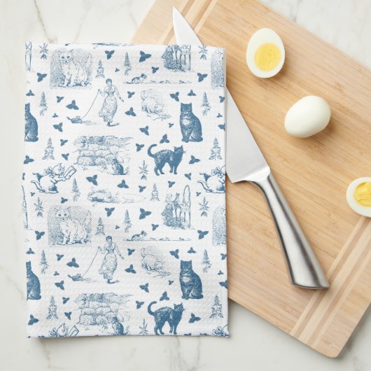  Retro Toile Patroon Cat Catnip Wit Blauw Theedoek (Quarter Fold)