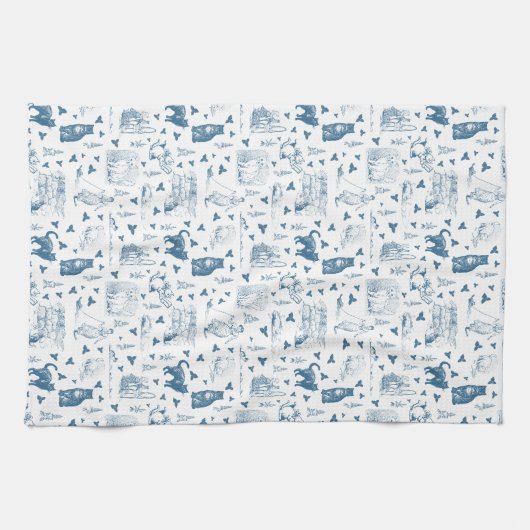 Retro Toile Patroon Cat Catnip Wit Blauw Theedoek (Horizontaal)